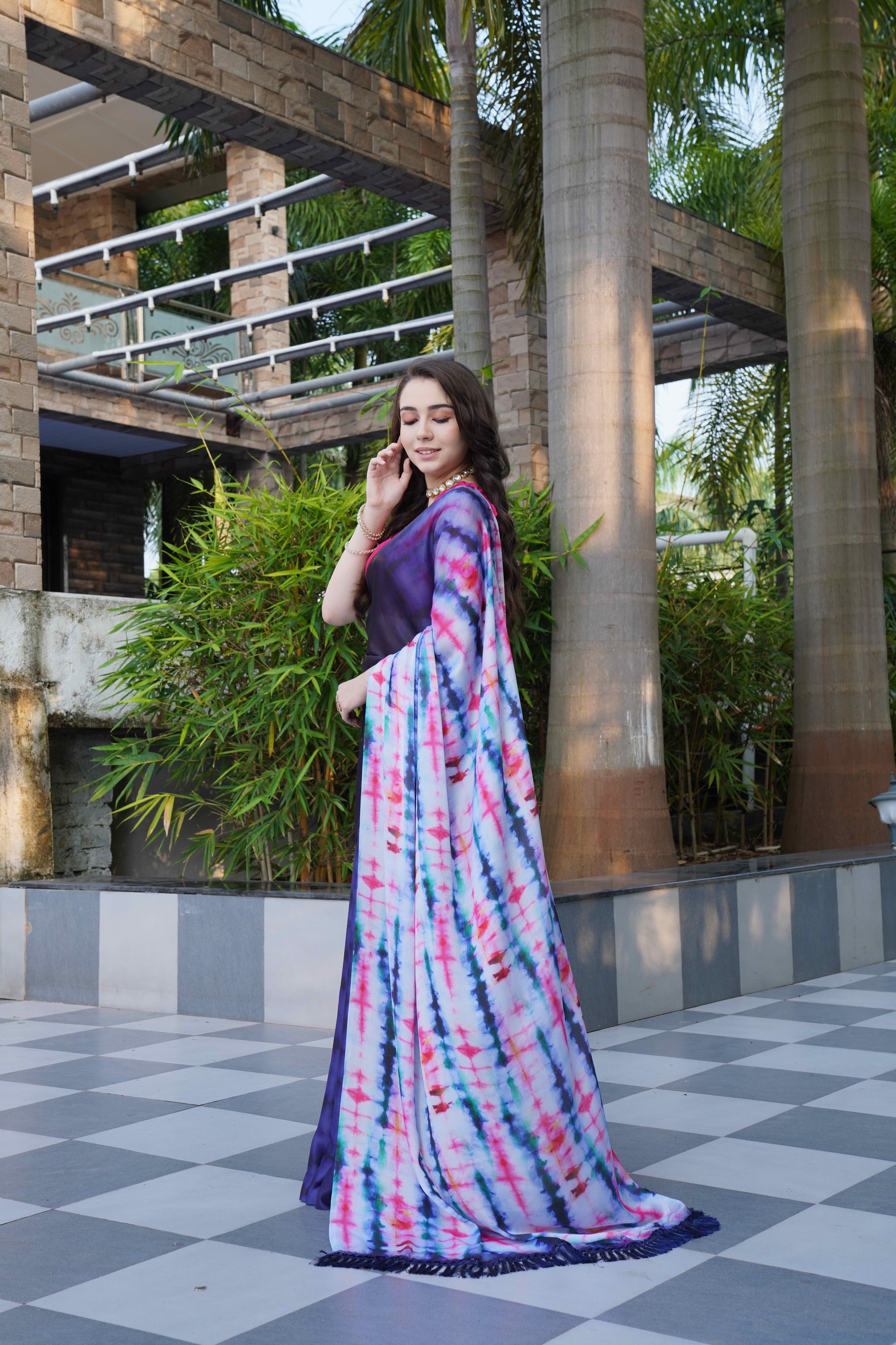 Dark Blue Colour Block Georgette Saree